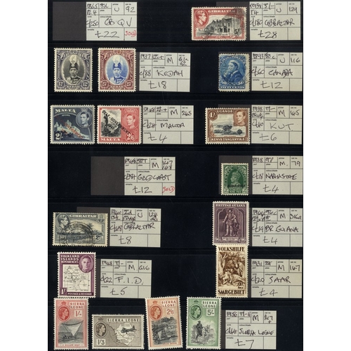 130 - EX DEALERS priced up mainly British Commonwealth material on black stock leaves, all items tagged wi... 