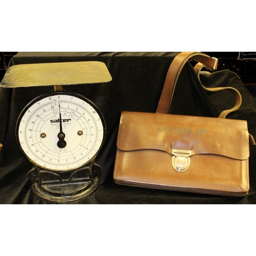 142 - SALTER PARCEL SCALE 20thC, model 25, weights to 22lbs, also a French telegram delivery hide bag mark... 