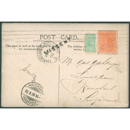 243 - 1908 PPC to Switzerland with a ½d and 1d tied by Melbourne roller canceller. A Transatlantic Post Of... 