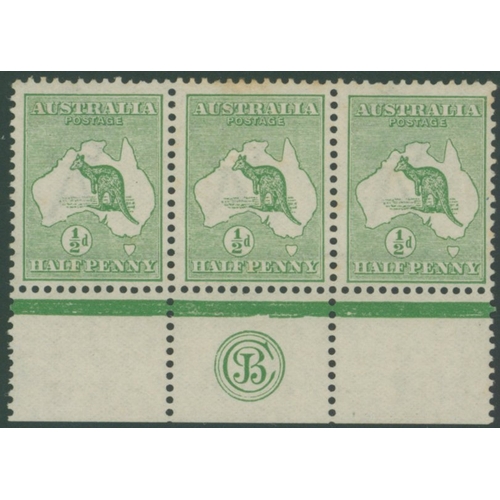 247 - 1913-14 ½d green Die I bottom marginal horizontal strip of three showing 'JB Cook' monogram in the m... 