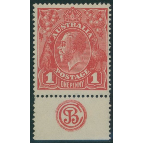 250 - 1914-20 1d carmine red P.14½ x 14 comb, a lower marginal UM example showing the 'JBC' monogram, SG.2... 