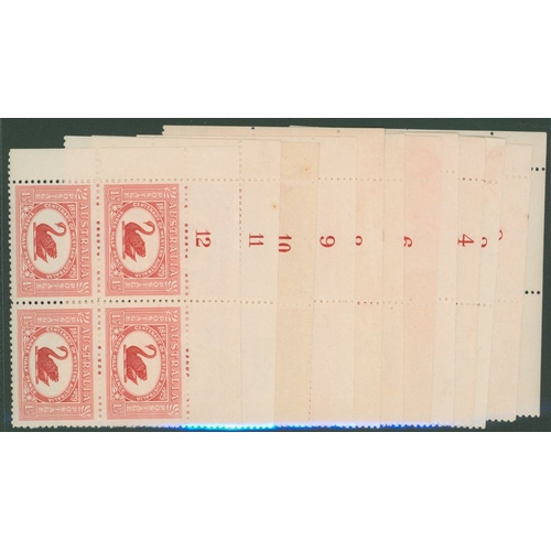 260 - 1929 1½d Centenary set of twelve Plate blocks of four each from the top left corner, hinged on the s... 