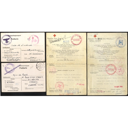 1202 - WWII Red Cross message forms (2) from Jersey or Guernsey to Canada or UK; pair of incoming internee ... 