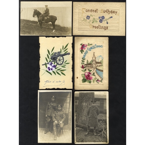 264 - WORLD WAR I album of cards incl. silks, RP's of military groups, individuals, United Service Rugby X... 