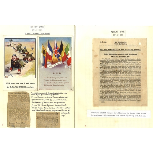 283 - 'THE GREAT WAR' collection written up in an album with two propaganda leaflets written in German and... 