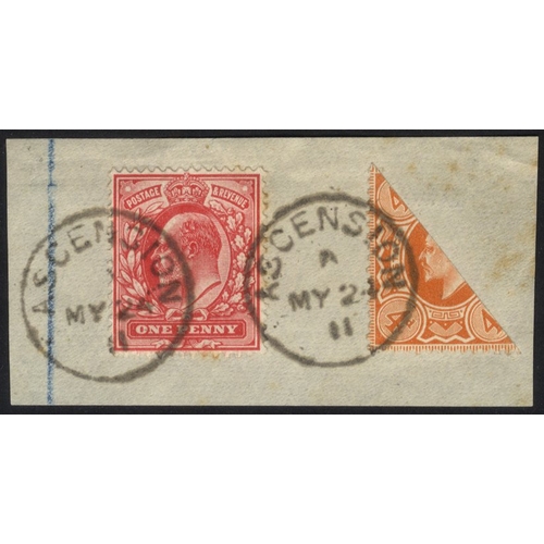 290 - 1911 GB KEVII 1d together with an unauthorised bisect of the 4d orange on piece, tied with Ascension... 