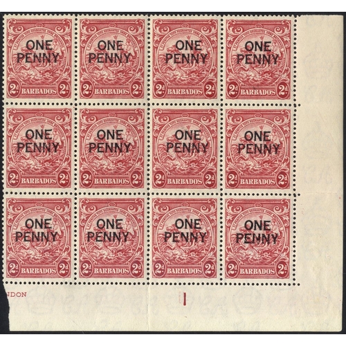 311 - 1947 1d on 2d carmine P.13½ x13 corner marginal UM Plate block of twelve incl. the 'extra frame line... 