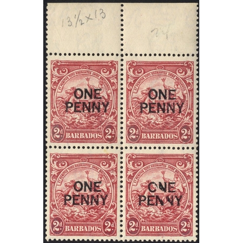 312 - 1947 1d on 2d carmine P.13½ x13 top marginal block of four incl. 'broken N' variety, UM, SG.264eb. (... 