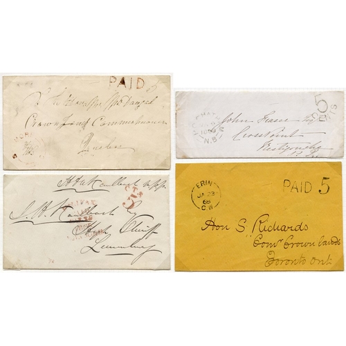 345 - 1863-69 '5c Paid' markings, 1863 cover Kingston to Toronto with 'PAID 5', 1863 Belmore to Quebec wit... 