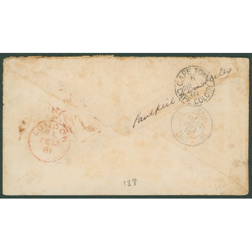 360 - 1881 envelope to Paris, bearing ½d (damaged), 1d & 6d with Type 15, all tied by 'KIMBERLEY' double a... 