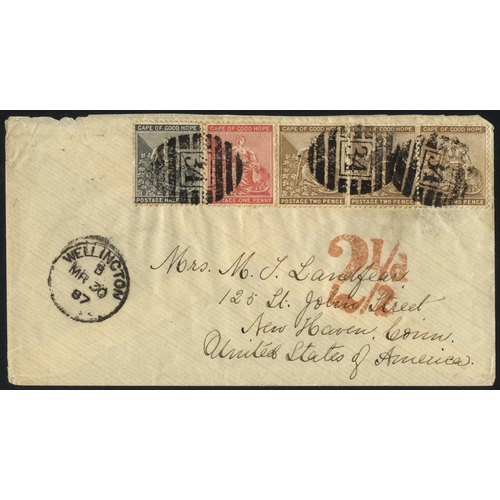 361 - 1887 (30 Mar) envelope from Wellington to Connecticut, bearing ½d, 1d & 2d strip of three, all clear... 