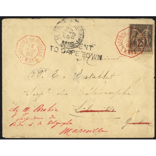 362 - 1892 (12 Jan) envelope to Libreville, Gabon, bearing France Peace & Commerce 25c, cancelled with a f... 