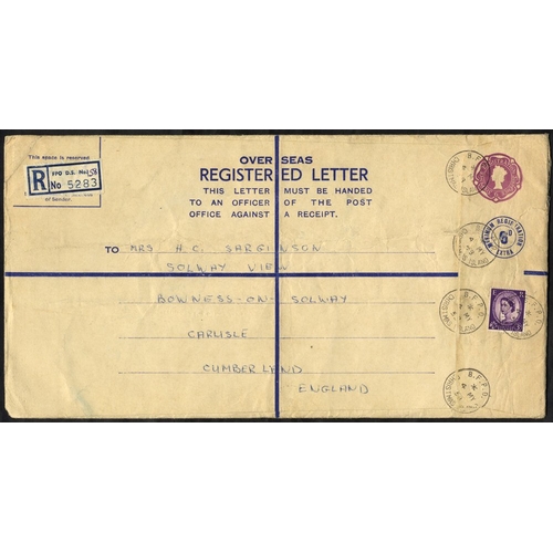 369 - 1958 QEII 6d deep lilac reg envelope (size K) addressed to England, additionally franked 3d, all tie... 