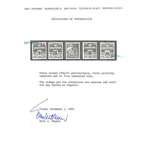 411 - 1940-41 Provisionals - Denmark Surcharged set UM, SG.1/5, Wowern Cert (1982) Cat. £700 (5)