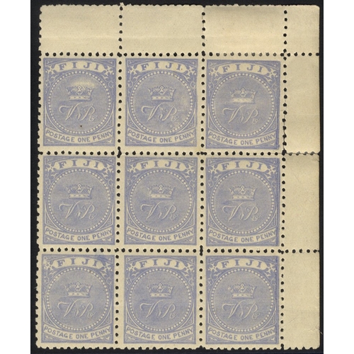 415 - 1892-93 P.11 x10, 1d ultramarine in a top right corner block of nine, M (7x UM), one stamp thinned, ... 