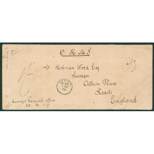 417 - 1897 stampless OHMS commercial envelope sent to Leeds, England rated at 1s cancelled 'Levuka. July 2... 