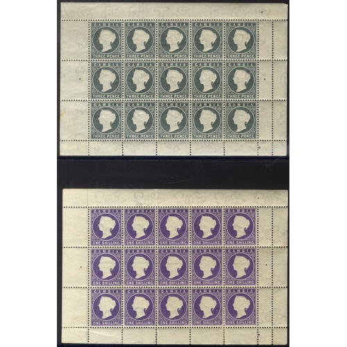 438 - 1886-93 CCA Cameo Heads, fine M sheetlets of 15 stamps with margins comprising ½d, 1d, 2d, 3d & 1s, ... 