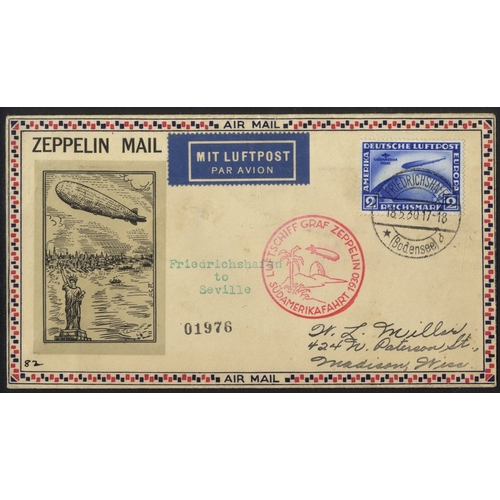 489 - 1930 S. America Zeppelin flight 2m & 4m pair on pair of printed, cacheted covers to USA via Seville ... 