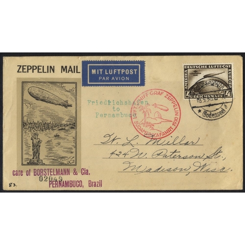 489 - 1930 S. America Zeppelin flight 2m & 4m pair on pair of printed, cacheted covers to USA via Seville ... 