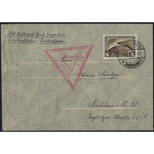 498 - 1933 Zeppelin mail plain envelope, franked 4m 'Chicagofahrt' stamp, cancelled at Friedrichshafen wit... 