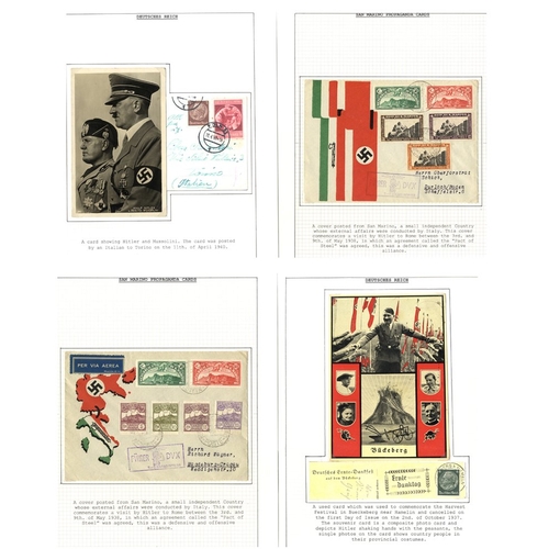 509 - HITLER range of postcards on leaves incl. RP and propaganda types incl. with Mussolini, pair of 1938... 