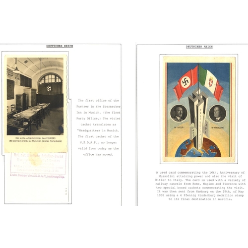 509 - HITLER range of postcards on leaves incl. RP and propaganda types incl. with Mussolini, pair of 1938... 