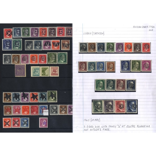 546 - RUSSIAN ZONE Locals: 1945 Hitler Ovpts collection incl. issues for Glauchau M & U on small pieces wi... 