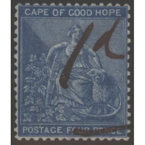 579 - 1874 1d on 4d blue (SG.24a) of Cape of Good Hope, Surcharged '1d' in red m/s by the Kimberley postma... 