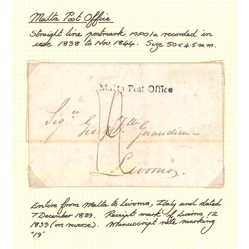 660 - 1821-57 pre-stamp covers (13) incl. boxed s/line 'Malta Post Office,' transit through Malta from Con... 