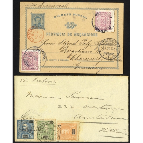 677 - Mail to Transvaal 1895 (8 Dec) 10r stationery card to Germany uprated with Lourenco Marques 10r (2) ... 