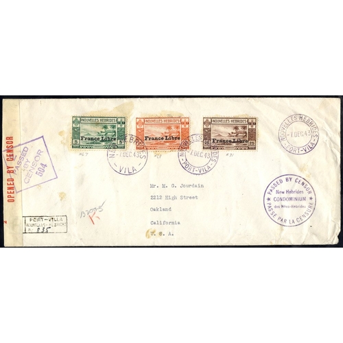 682 - FRENCH 1943 (7 Dec) envelope registered to California, franked by 'France Libre' 5c, 20c & 25c, canc... 