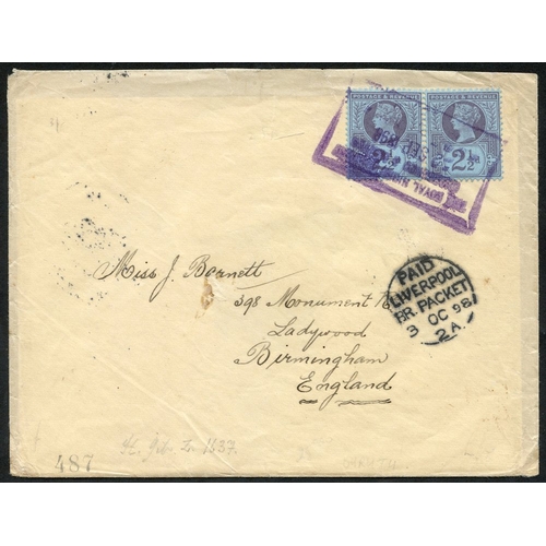 718 - 1898 (2 Sep) double rate envelope to Birmingham, bearing GB 2½d purple on blue pair clearly tied lar... 