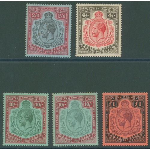 738 - 1913-21 MCCA 2/6d, 4s, 10s (2 shades - one with toning) & £1, fine M, SG.94/98, Cat. £500+ (5)