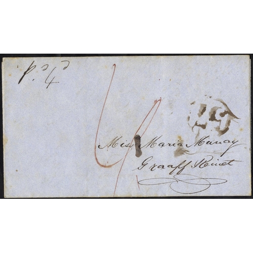 740 - c1849 entire addressed to 'Miss Maria Murray, Graff Reinet,' marked 'pd 4d,' rated '6' in red and sh... 