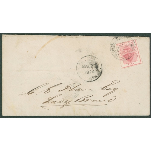 744 - 1874 (May) envelope (with letter) from Bloemfontein to Ladybrand, bearing 6d. tied by c.d.s. and sho... 