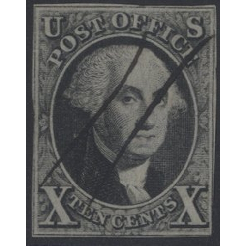 1088 - 1847-50 10c greyish-black, U (two vertical pen strokes), four tight margins, touching frame line at ... 