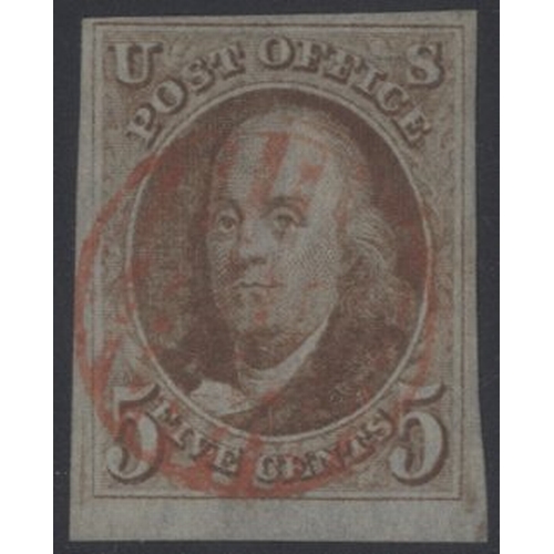 1089 - 1847-50 5c reddish-brown, U (light red central grid in circle pmk), four margins, large at base, fin... 