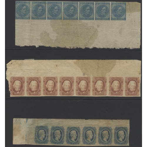 1093 - CONFEDERATE STATES 1862 5c blue Jefferson Davis corner marginal strip of seven, 1863 2c dull red Jac... 