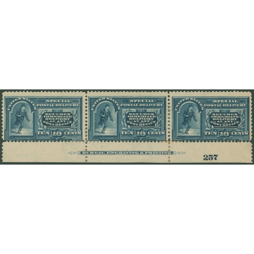 1096 - 1891 10c blue Messenger running (watermarked) lower marginal imprint/257 STRIP OF THREE large part o... 