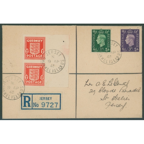 1426 - JERSEY 1945 Jersey Liberation Day reg cover, franked with GUERNSEY marginal IMPERF 1d Arms vertical ... 