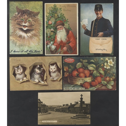 150 - COLLECTION of cards (268) in two old albums incl. comic, cats, greetings, children, Charlie Chaplin,... 