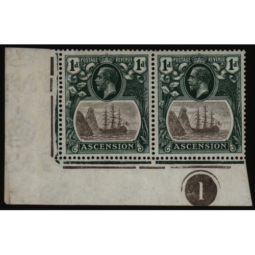 189 - 1924-33 MSCA 1d grey-black & deep blue-green, corner marginal Plate number pair showing the 'cleft r... 