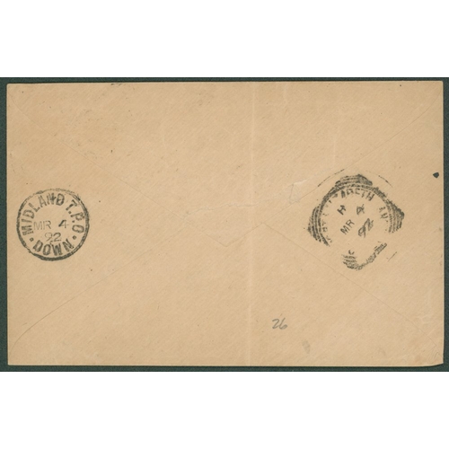 283 - 1892 (2 Mar) envelope to Port Elizabeth, bearing 1891 2d tied by '555' barred numeral and showing 'V... 