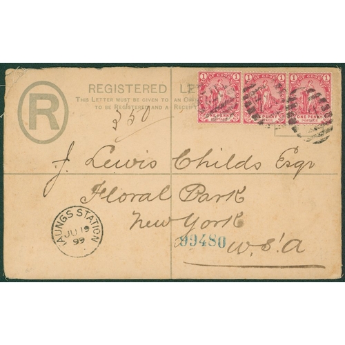 292 - 1899 4d reg letter envelope addressed to New York, uprated 1d (3), tied barred numeral '172' with TA... 