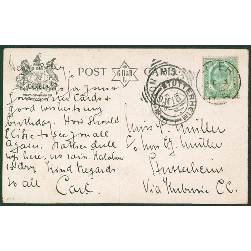 294 - 1908 PPC sent to Stutterheim by the Mier Camel Post, franked ½d Cape, tied 'MIER/B.B/FE 3 08' c.d.s,... 