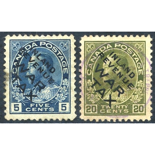 347 - 1915 War Tax optd Inland Revenue 5c, unused (thinned & stained), 20c FU. Scott MR2Bi/2Ci. (2)