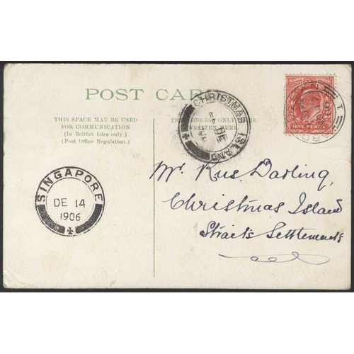 452 - 1906 incoming PPC, franked 1d Edward, tied Ardrossan c.d.s, Singapore DEC.14.06 transit c.d.s & 'Pro... 