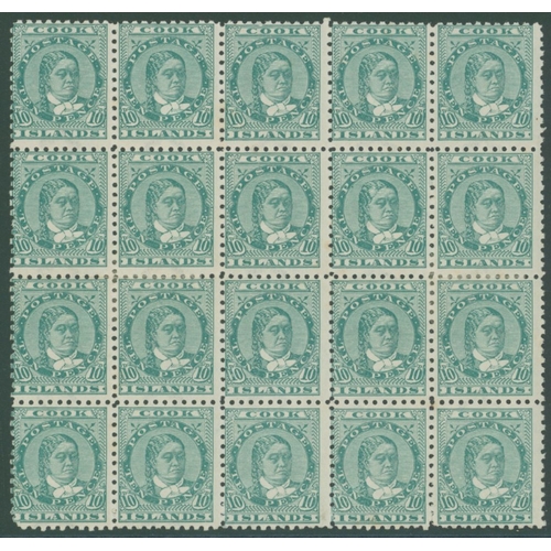 454 - 1893-1900 Queen Makea Takau 10d green block of twenty, M (some gum disturbance), half are UM, SG.19.... 