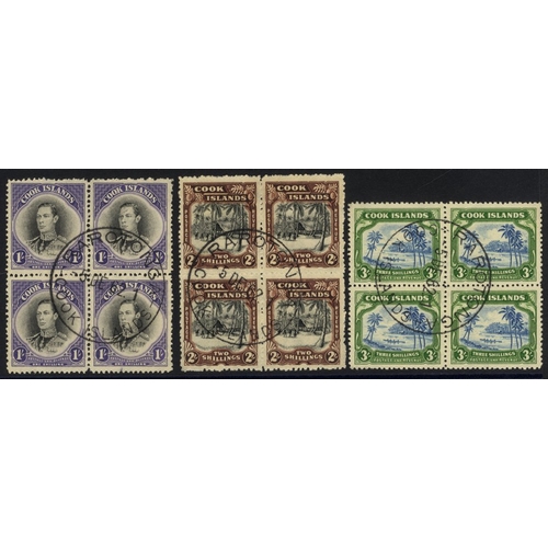 456 - 1944 Pictorial Defins 1s to 3s in VFU blocks of four, each very fine c.d.s. for 5.DEC.62, SG.143/5, ... 