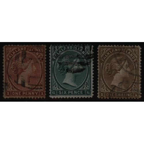 472 - 1878-79 No Wmk 1d, 6d & 1s vals, good to FU, SG.1, 3 & 4, Cat. £600 (3)